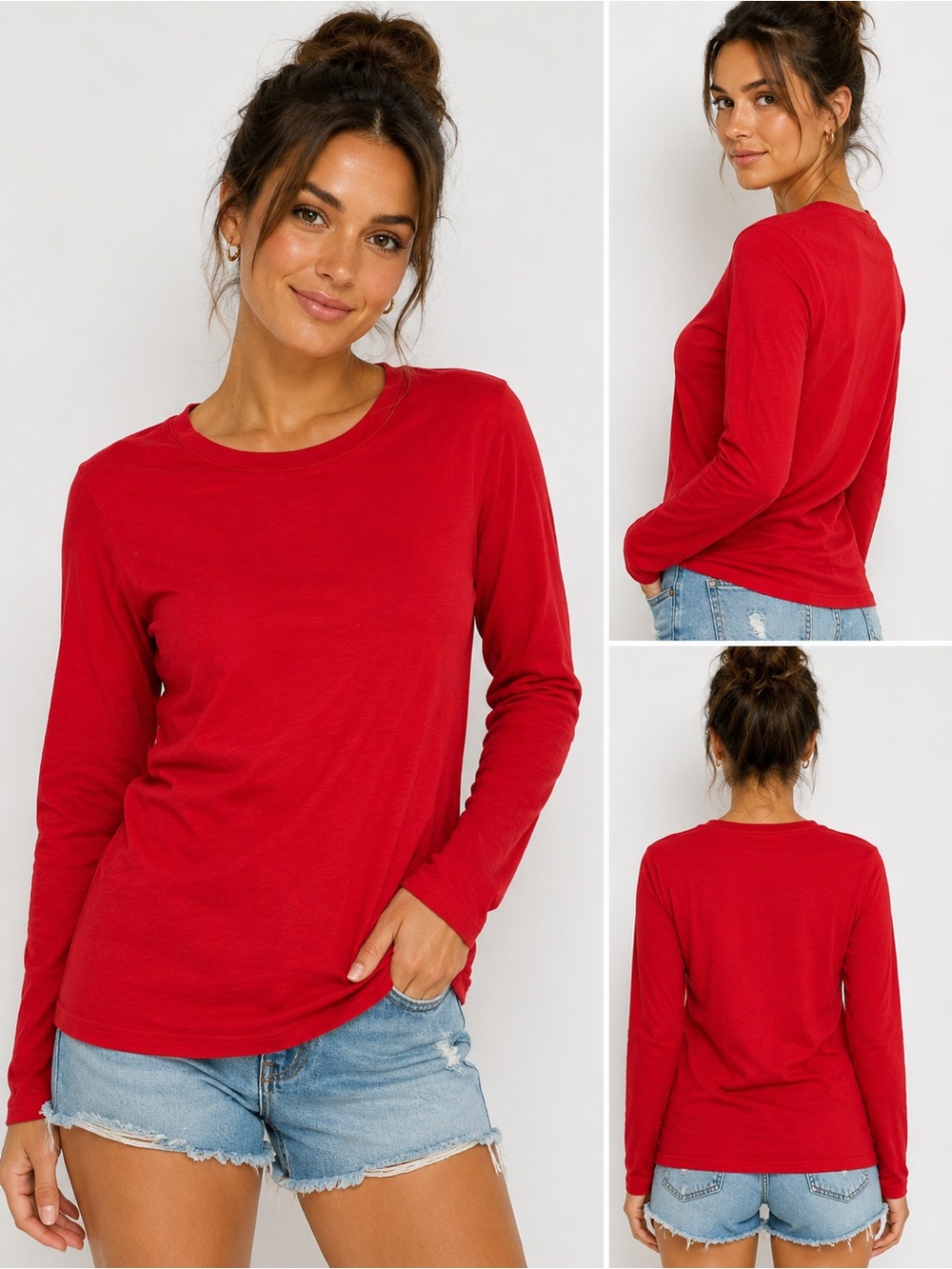 crown & ivy Red Long-Sleeve Crewneck Top XL Cotton Modal Basic Tee